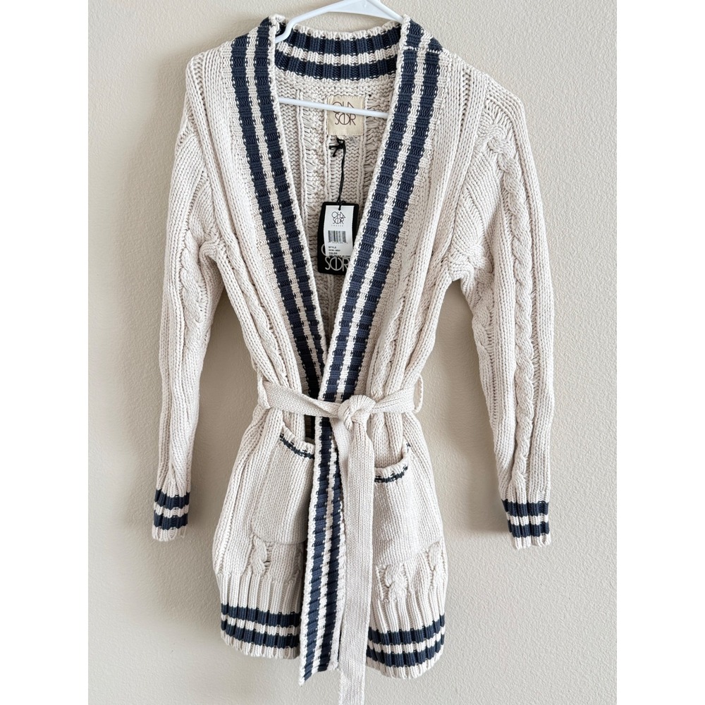 Chaser Cake‎ and Blue Jay Stripe Cable Knit Belted Cardigan Sweater NWT Small
